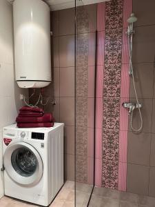 una lavatrice in un bagno con doccia di RG Aisa Apartment a Pärnu