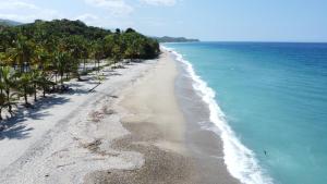 an empty beach with palm trees and the ocean at Playas De Casa Grande in Santa Marta
