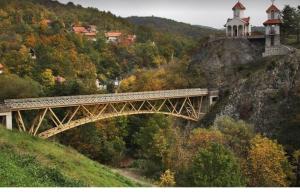 a bridge on top of a hill with houses and trees at Apartmani Rada in Prolomska Banja