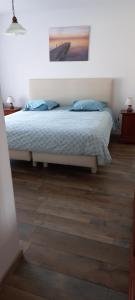 a bedroom with a bed with blue pillows on it at Le chant des oiseaux in Pouant