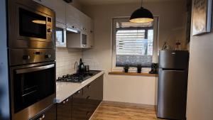 a kitchen with a refrigerator and a stove top oven at Magiczny Zakątek Bałtów in Bałtów