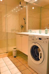 eine Waschmaschine in einem Badezimmer mit Dusche in der Unterkunft Ancora5-Appartement Vue Mer Panoramique et Balcon in La Chaume