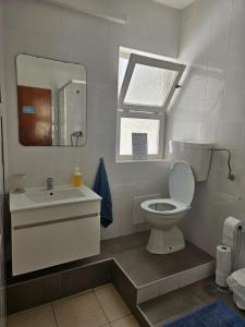 a bathroom with a toilet and a sink and a mirror at Lagos Haven Guesthouse in Lagos