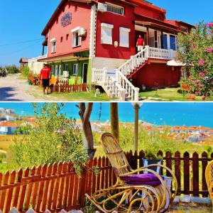 two pictures of a house with a fence and a chair at Ciftlik Hotel in Çeşme