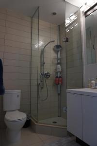 a bathroom with a shower with a toilet and a sink at Downtown Toronto Condo with CN Tower View in Toronto