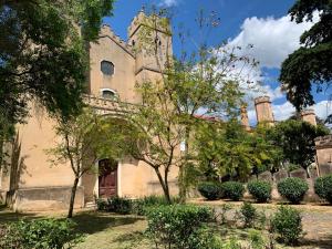 an old building with a clock tower and trees at The Palm Tree House Alentejo Private swimming pool 6 suites Iconic Palm tree in Alvito