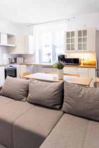 a living room with a couch in a kitchen at Baltic Cliff Apartment- Babie Doły in Gdynia +16 photos