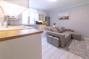 a kitchen and a living room with a couch at Baltic Cliff Apartment- Babie Doły in Gdynia