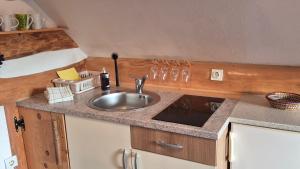 a kitchen with a sink and a counter top at Apartments Čebelica in Bohinj +122 photos