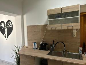 a kitchen with a sink and a counter top at Jesolo Apartmanház in Balatonkeresztúr +39 photos