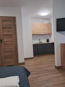 ビャウィストクにあるAPARTAMENT CENTRUM Sobieskiegoのベッド1台、キッチン、ドアが備わる客室です。