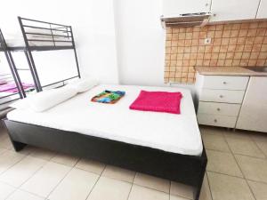 ein Schlafzimmer mit einem Bett mit einer rosa Decke darauf in der Unterkunft Acropolis views in Monastiraki square in Athen