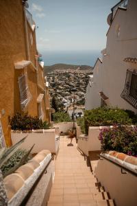a view of a city from a balcony with flowers at Vista Divina in Cumbre del Sol