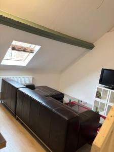 eine schwarze Ledercouch in einem Wohnzimmer mit Oberlicht in der Unterkunft Marie home in Brüssel