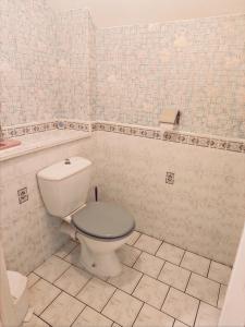 a bathroom with a toilet in a tiled room at Chambres Les Salles in Beauvoir