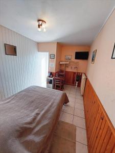 a bedroom with a bed and a television in it at Chambres Les Salles in Beauvoir