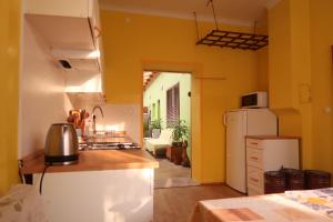 a kitchen with a sink and a refrigerator in a room at Guest House Relax in Březí