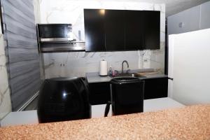 a small kitchen with a sink and a microwave at Cozy Corner w/private pool in Vega Baja