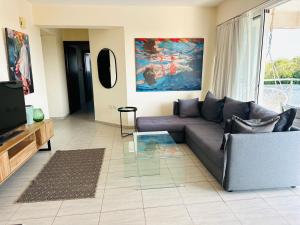 a living room with a couch and a tv at Serene Getaway Near Protaras in Paralimni