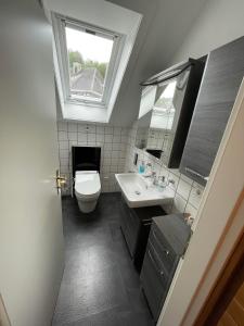 a bathroom with a toilet and a sink and a window at Galeriewohnung Schwarzwaldschick mit hochwertiger Ausstattung - Mein SWH in Todtmoos