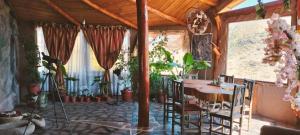 a living room with a table and chairs and plants at Alojamiento y Refugio Cósmico Torreon in Comunidad Campo de Ahumada