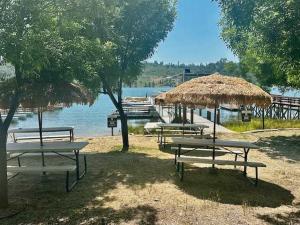 a group of picnic tables and a straw umbrella at Luxury Lake Home-The Bear Claw-Boat Slip-Sleeps 16 in Bass Lake