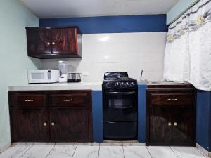 une cuisine avec une cuisinière et un micro-ondes dans l'établissement Sensity home C Escolar Departamento hogareño y Calido para familias, à Tehuacán