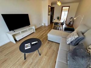 a living room with a couch and a flat screen tv at Paim Lodge in Ponta Delgada