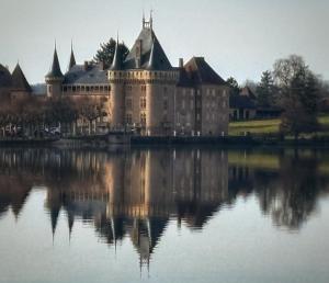 a castle sitting on top of a body of water at Chez Kapameï in La Clayette