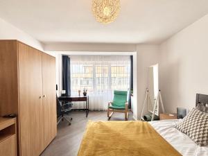 ティミショアラにあるOspitalier Apartments Piata Opereiのベッドと机と椅子のある寝室