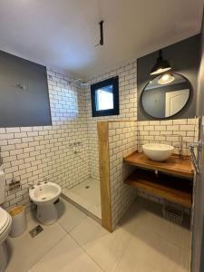 a bathroom with a sink and a toilet and a mirror at Los Basaltos departamentos in Caviahue +20 photos