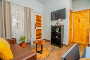 a living room with a couch and a tv at Villas Mali La Fortuna in Guayabal
