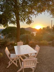 une table de pique-nique et deux chaises sous un arbre avec le coucher du soleil dans l'établissement Casa Ennio a Le Grotte - Relax totale tra mare e campagna, à Portoferraio