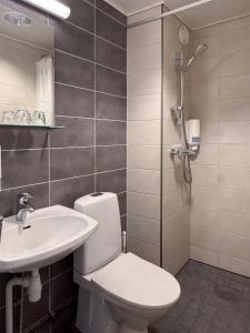a bathroom with a toilet and a sink at Hotelli Joentalo in Tornio