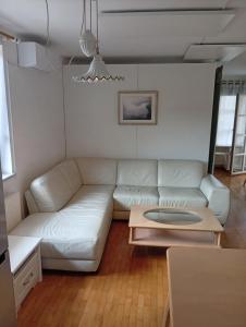 NadgoricaApartments Sina的客厅里有一张白色的沙发和一张桌子