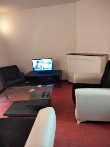 a living room with a couch and a tv at Appartement Cosy à Nemours Hameau Chaintreauville in Saint-Pierre-lès-Nemours