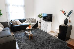 a living room with a couch and a tv at Unique Parking access, XL home w Parking option in Antwerp