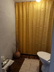 a bathroom with a shower with a yellow shower curtain at Simrishamn, Österlen - privat boende med egen ingång in Simrishamn +46 photos