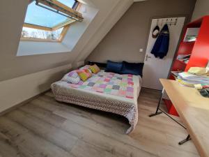 a small bedroom with a bed in a attic at Chambres Logement 130m2 - Circuit 24h Le Mans in Arnage +8 photos