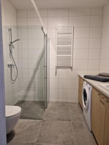 a bathroom with a shower and a washing machine at Apartament ulica Marzeń 13 in Kostrzyn nad Odrą