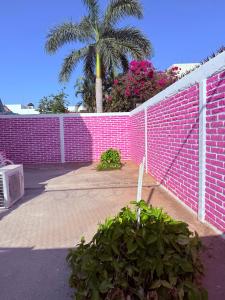 eine rosa Ziegelmauer mit einer Palme dahinter in der Unterkunft Casa Baraka, Casa Vacacional en Mazatlán cerca de Malecón, Centro Histórico y Playa in Mazatlán