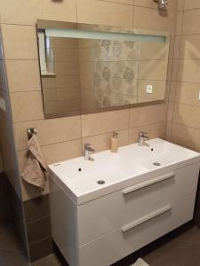 a bathroom with a white sink and a mirror at Apartments Tereza in Senj