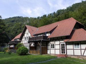 a large white house with a red roof at Ferienwohnung Nexö, 45 qm, 1 Schlafzimmer N5 in Ilsenburg