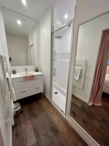 a bathroom with a shower and a sink and a mirror at La Maison Du Phare in Plérin +27 photos