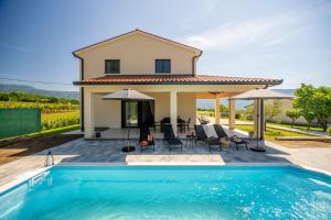 a villa with a swimming pool in front of a house at Villa Olealis in Zatka Čepić