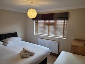 a bedroom with two beds and a window at The Holbein Three bedroom home near tilgate park private parking and garden in Crawley