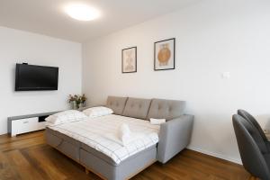 a living room with a couch and a tv at South Panoramic Apartment in the art district of Kapana in Plovdiv