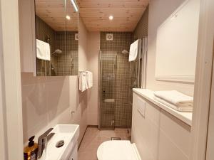 a bathroom with a shower and a toilet and a sink at Kråen Gard in Larsnes