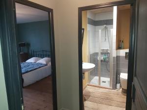 a bedroom with a bed and a bathroom with a sink at Maison Coeurdacier 15 personnes 6 chambres in Monthureux-sur-Saône +71 photos