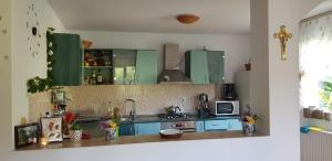 a kitchen with green cabinets and a counter top at Casa din Padure Valea Doftanei in Trăisteni +12 photos